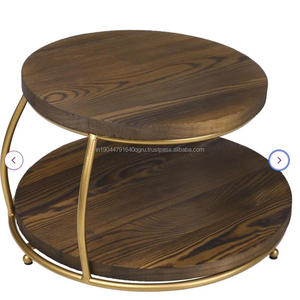 Soporte de madera para pasteles y dulces con plato de madera superior e inferior y soporte metálico de hierro redondo para decoración del hogar - Product Image 3