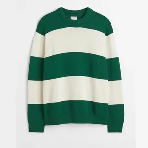 HRX custom sweater manufacturer fashion crew neck fine knit cotton men's sweaters pullover green white striped sweater men