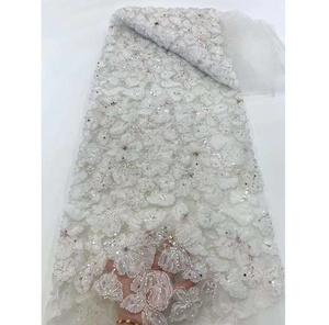Venta directa Buen precio Perlas Flor Tela <span class=keywords><strong>de</strong></span> encaje Blanco Aso Oke Diseños para mujeres nigerianas Ropa <span class=keywords><strong>de</strong></span> <span class=keywords><strong>fiesta</strong></span> - Product Image 1