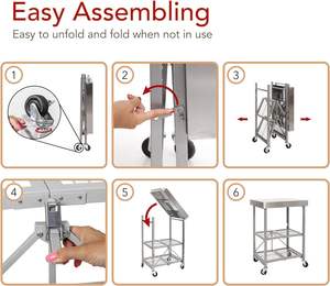 Table pliable en acier inoxydable à 3 niveaux Chariot roulant en acier inoxydable Conception d'îlot de cuisine pour la préparation des aliments des chefs - Product Image 6