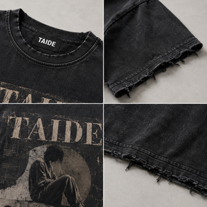 Camiseta TaiDe con certificación GRS, estilo Mineral Wash, con estampado de póster grunge, doble cara, bajo sin rematar, impresión personalizada, fabricante de ropa al por mayor OEM ODM - Product Image 2