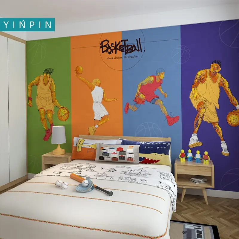 popular basketball mural wallpaper directly scrubbed for boy bedroom