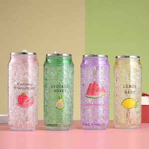 Double Walled Plastic Straw Cup Ice Crushing Cup Cartoon Fruit Design Party Drinkware Two Piece Set - Product Image 1