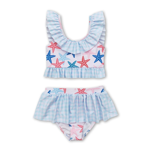 Maillot de bain pour bébés filles, sans manches, imprimé étoile de mer, à carreaux, à volants, bikini d'été pour bébés filles - Product Image 1