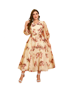 <span class=keywords><strong>Robe</strong></span> décontractée pour femme à motif floral aléatoire, col en V, manches lanternes en mousseline, imprimé floral élégant, taille haute, <span class=keywords><strong>robe</strong></span> de soirée - Product Image 1