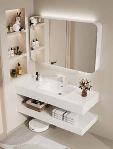 Vasque intégrée en pierre de style minimaliste moderne, série blanche haut de gamme, meuble-lavabo de salle de bain avec miroir intelligent extra large - Product Image 6