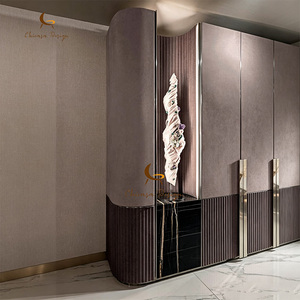 Luxury Design Wooden Leather Wardrobes Custom Villa House Clothes Cabinet Closet <b>Storage</b> Bedroom Furniture - Product Image 3