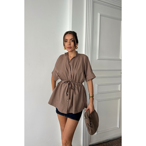 Camisa de Popelina con Detalle de Fruncido en la Cintura, Blusa Marrón para Mujer, Manga Corta, Cierre de Botones, Talla S - Product Image 4