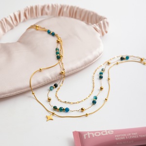 Collar de Acero Inoxidable Chapado en Oro de 18K, Joyería Hipoalergénica Impermeable, Colgante de Estrella de Piedra Natural Azul, Collar de Tres Capas - Product Image 5