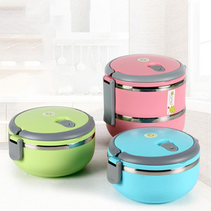 Stainless Steel Sealed <b>Lunch</b> <b>Box</b> Round Double Layer Pink Green Blue For Students Office Workers - Product Image 1