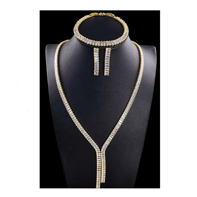 wholesale cubic zirconia necklace tennis bracelet fashion bridal jewellery set 14K 18K gold diamond stone chain jewelry sets