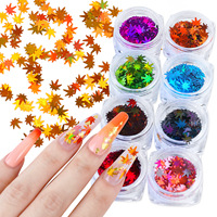 12 kotak/set Payet Seni Kuku Daun Maple Laser Musim Gugur Stiker Kuku Glitter Warna-warni Aksesori Kuku DIY
