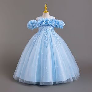 Vestido de Fiesta de Tul con Lazo de Perlas para Niña, Estilo Princesa, Hombros Descubiertos, para Cumpleaños, Bodas, Actuaciones - Product Image 1