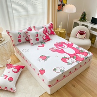 Ensemble de literie 3 pièces en dentelle motif ours fraise, imprimé dessin animé mignon, drap-housse tout compris
