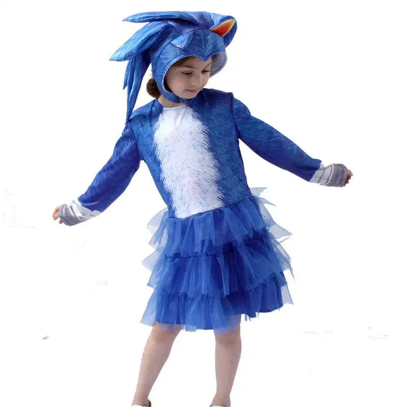 Funny Halloween Cosplay Costumes Blue Color Long Sleeve Hedgehog Tutu Dress With Hat