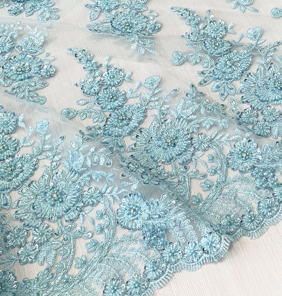 Красивая светло-голубая кружевная ткань, тяжелая ручная вышивка из бисера и страз, кружевная ткань для платья