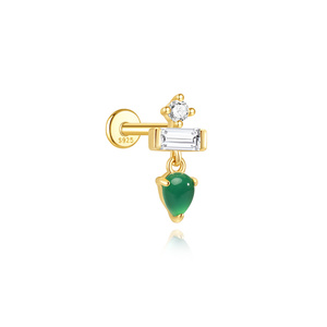 Gold S925 Silver Flat Back Piercing <b>Stud</b> with Natural Green Chalcedony Drop and Tassel Cartilage <b>Helix</b> Jewelry - Product Image 6