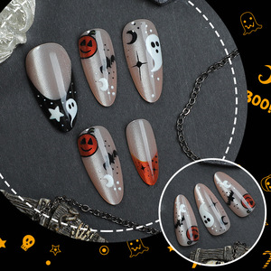 <span class=keywords><strong>Faux</strong></span> ongles à thème Halloween avec motif fantôme, longs ongles nude en amande à presser, imprimé citrouille et chauve-souris, ongles réutilisables en ABS pour fête costumée - Product Image 3