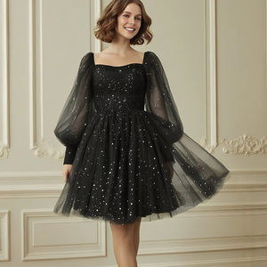 LY-PD0161 Moderne A-Lijn Avondjurken Voor Vrouwen Sexy Poff Lange Mouw Knielange Feestjurken Shinny Pailletten Chiffon - Product Image 1