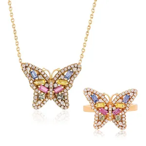 Conjunto de anillo y collar de mariposa CZ colorido, colores Pastel, chapado en oro, Animal encantador, conjunto de joyería de moda, promoción, nuevo diseño