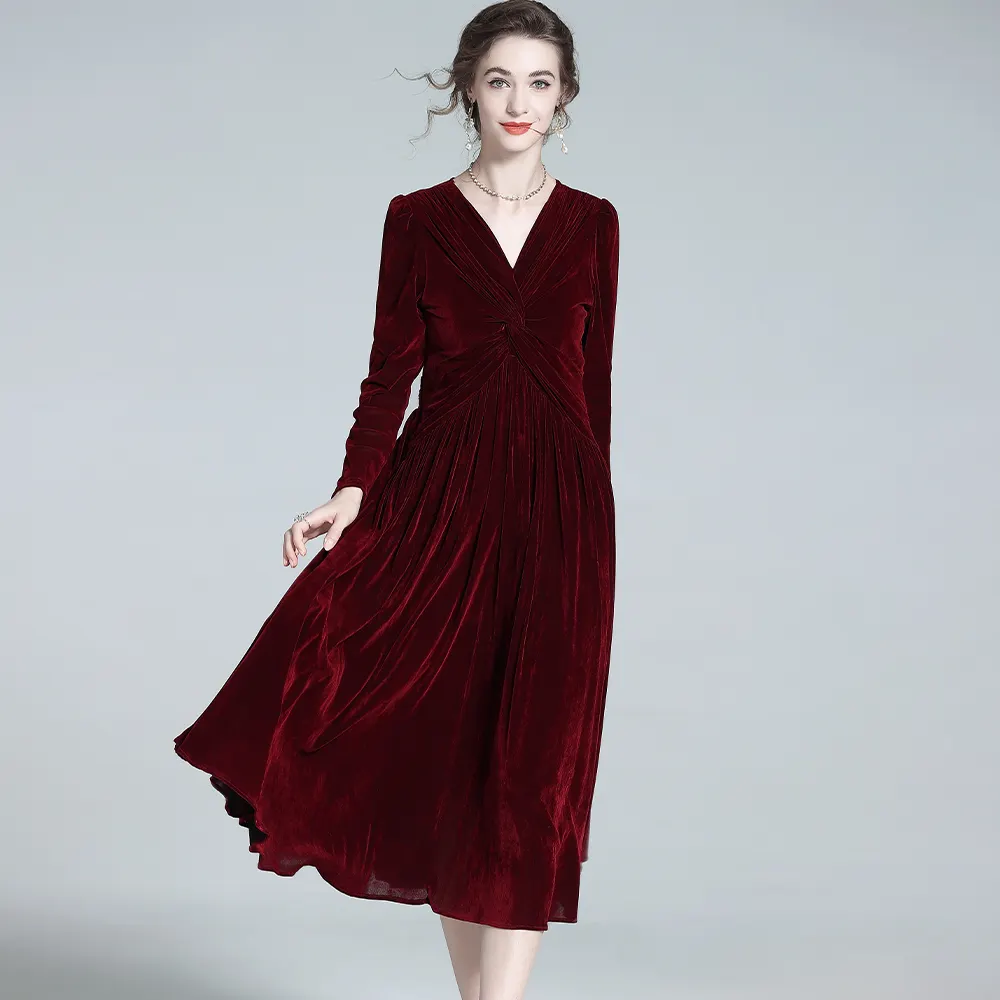 Samt kleider für Frauen Elegante Samt Abend lange Kleider Herbst Winter Übergroße V-Ausschnitt Einfarbig Luxus Burgund Kleid