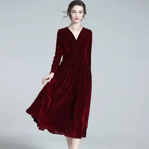 Váy Nhung Cho Phụ Nữ Thanh Lịch Nhung Buổi Tối Dài Dresses Mùa Thu Mùa Đông Quá Khổ v-Cổ Rắn Màu Sắc Sang Trọng Đỏ Ăn Mặc