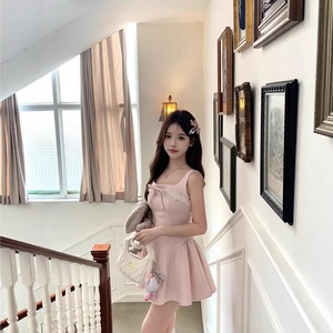 French Style Pink Bow Halter Dress Women Summer 2026 A Line Princess Puff Skirt Breathable Natural Waistline - Product Image 3