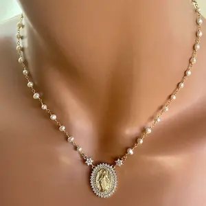 Unique Design Handmade Pearl Chain Virgin Charms Pendant Necklace Religious Catholic Jewelry Rosery Necklaces Catholic And Case