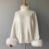 Ensemble deux pièces Jxwatcher : Manteau en laine tricoté à col roulé tendance et pantalon long taille haute pour femme avec poignets en vraie fourrure – Collection Automne