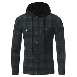 OEM mens casual long sleeve warm button up jacket lined hoodies plaid flannel dress shirt