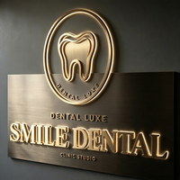 Plaque de signalisation personnalisée en métal 3D doré brossé avec logo dentaire en relief pour clinique dentaire de luxe, idéale pour l'identification de la marque à la réception.