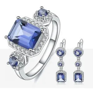 Bright Blue Topaz Emerald Cut 925 Sterling Silver Fashion Wedding Jewelry Set