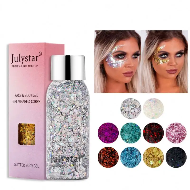 Factory Hot Sale Glitter Gesicht Körper Gel Puder Lidschatten Lippen Nägel Haar Make-up Farbe Kosmetik Körper Glitter Primer Gel