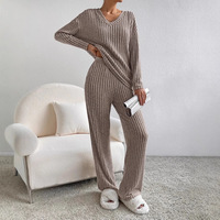 Ensemble de pyjama respirant en polyester pour femme, collection été 2026, deux pièces en maille côtelée, col en V, coupe ample, grandes tailles, lingerie féminine