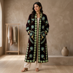 <b>Women</b> Hand <b>Embroidered</b> Suzani Velvet Coat Dark Plum Maroon Floral Heart Motif Long Duster <b>Jacket</b> Open Front Kimono Robe Boho - Product Image 4