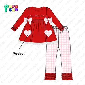 Custom children's clothing Valentine's Day girl clothing sprint sets heart shape pocket girl outfits for little girls