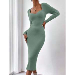 Vestido midi de punto acanalado con cuello cuadrado color caqui talla XS para mujer - Product Image 1