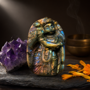 Miniature sculptée en labradorite de Krishna - Adoraison de la protection divine - Idole du Seigneur Krishna - Murti en cristaux - Reiki/Chakra - Product Image 3