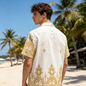 Camisa de lino y algodón con bordado de estampado floral para hombre, camisa informal de manga corta para hombre, camisas de vacaciones en la playa para hombre - Product Image 3
