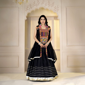 Black Geometric Embroidered Cotton Vintage Floor-Length <b>Lehenga</b> Choli Dress Traditional Sleeveless Square Neck <b>Top</b> Flared Volume - Product Image 1