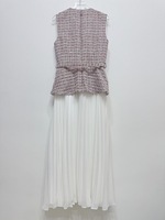 Nuevo Vestido Midi Elegante de Verano 2026 para Mujer, Sin Mangas, con Cuentas, Top de Tweed, Falda Plisada de Gasa, Vestido Casual Holgado con Cinturón