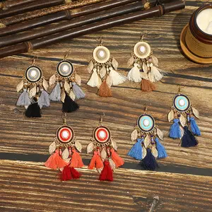 Wholesale Ethnic Earrings Tassel Long Drop Chinese Style Gold Leaf Colorful Boho Holiday Tassel Earrings For Women