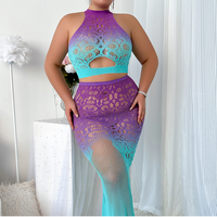 Vestido Maxi de Talla Grande para Mujer con Diseño Ombre y Aberturas, Degradado de Morado a Azul, Vestido Largo con Recortes, Ropa de Verano para Playa o Resort