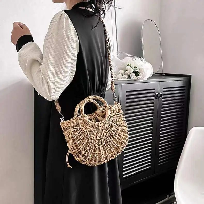 Rơm Crossbody Lưới Túi Mini Handmade Nửa Trăng Hình Dạng Rơm Bãi Biển Túi Cho Phụ Nữ Tùy Chỉnh Tái Sử Dụng Túi Xách