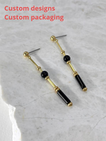 Boucles d'oreilles pendantes en onyx et laiton, design géométrique minimaliste moderne, en pierre naturelle, faites à la main pour femmes et jeunes filles – Collection été