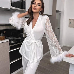 Luxury Wedding <strong>Dressing</strong> <strong>Gown</strong> 2pcs <strong>Women</strong> Casual Lace Sleeve Feather Robe Pants Set Erotic Bridal Pyjamas Elastic Waist Summer - Product Image 3