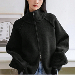 Women's Olive Green Stand Collar Zipper Knitted <b>Cardigan</b> Loose Fit Sweater Top Autumn Winter 2025 Korean Style Solid Color - Product Image 4