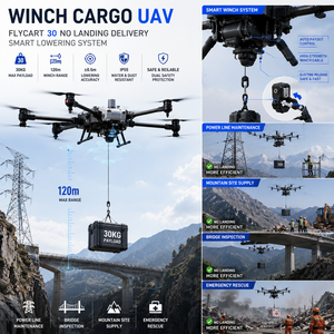 โดรนบรรทุกสินค้า FlyCart 30 พร้อมวินซ์สำหรับงานหนัก ระบบลดระดับอัจฉริยะ สำหรับงานส่งของบริการนอกพื้นที่ สะพาน สายไฟฟ้า และงานอื่นๆ - Product Image 1