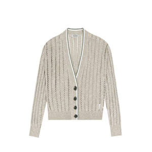 Cardigan en tricot gris personnalisé à col en V et manches longues, pull en coton côtelé ajouré tricoté pour femmes, vente en gros - Product Image 3
