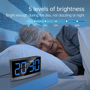 Réveil numérique avec écran LED bleu convexe incurvé, 5 niveaux de luminosité réglables, 3 sonneries d'alarme, 5 niveaux de volume, fonction snooze, format 12/24 heures - Product Image 5
